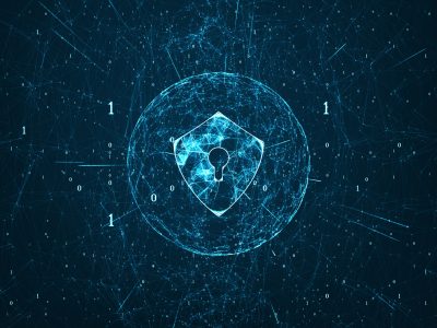 Data protection Cyber Security concept with Shield icon in cyber space.Cyber attack protection for worldwide connections,Block chain.